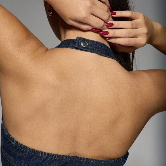 Navy Blue Casual Women's Zip Through Halter Neck Denim Top - Picture 5 of 6